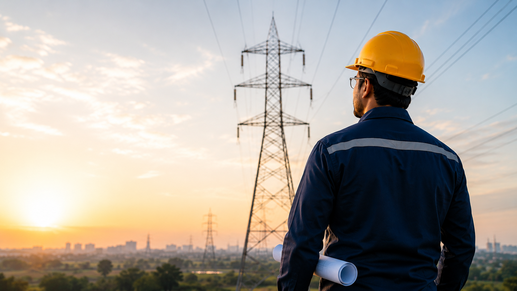 Sri Saairam Electricals engineer viewing transmission tower at sunrise