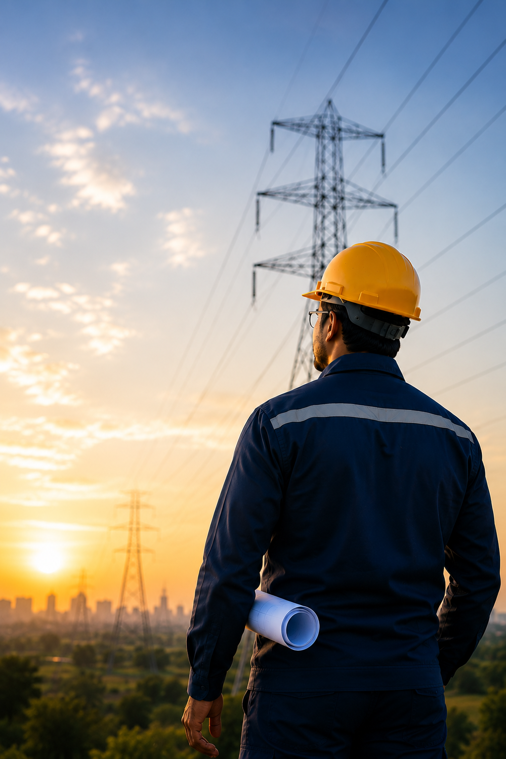 Sri Saairam Electricals engineer with transmission tower at sunrise